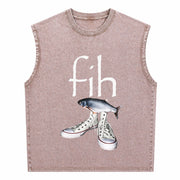 Fih Shoes Fish Misspelled Fish Meme Fih Calling Humor Vintage Washed Tank Top in Brown