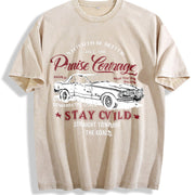Retro Race Car Praise Courage Stay Wild Racing Letter Vintage Washed T-Shirt in Beige