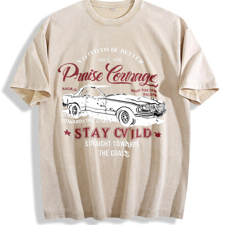 Retro Race Car Praise Courage Stay Wild Racing Letter Vintage Washed T-Shirt in Beige