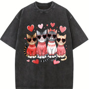 Valentine's Day: Winter a Cat with Heart-shaped Glasses Vintage Washed T-Shirt in Black