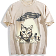 Cat Ufo Selfie 90s Vintage Washed T-Shirt in Beige