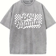 Boy Mama Retro Checkers Vintage Washed T-Shirt in Gray