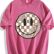 Retro Checkered Leopard Smiley vintage washed oversized T-shirt in Red