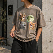 Three Cats Retro Moon Vintage Washed T-Shirt in Brown