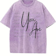 Inspirational Quote 'You Are Loved & Valued' Vintage Washed T-Shirt in Purple