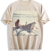 Woman with a Laptop in the Ocean Vintage Washed T-Shirt in Beige