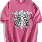 Gothic Skeleton Ribcage Drip Sleeveless Tank Vintage Washed T-Shirt in Red