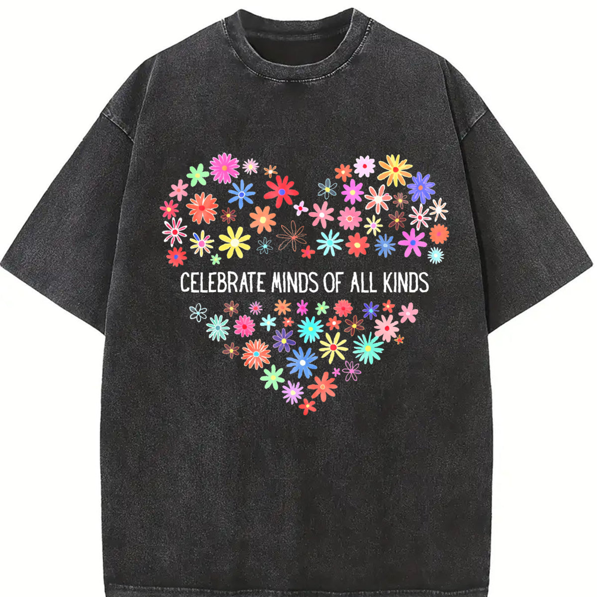 Celebrate Minds of All Kinds Floral Heart Vintage Washed T-Shirt in Black