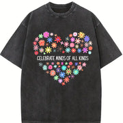 Celebrate Minds of All Kinds Floral Heart Vintage Washed T-Shirt in Black