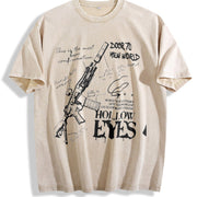 Edgy Punk Gun Dark Text for Music Festivals Vintage Washed T-Shirt in Beige
