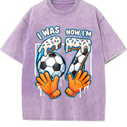 I Was 6 Now I'm 7 Soccer Vintage Washed T-Shirt in Purple