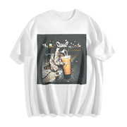 Raccoon Drinking Iced Coffee Cotton T-Shirt in White