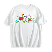 Mushroom Floral Garden Fairy Embroidered Cotton T-Shirt in White