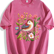 Embroidered- Bird & Floral Vintage Washed T-Shirt in Red