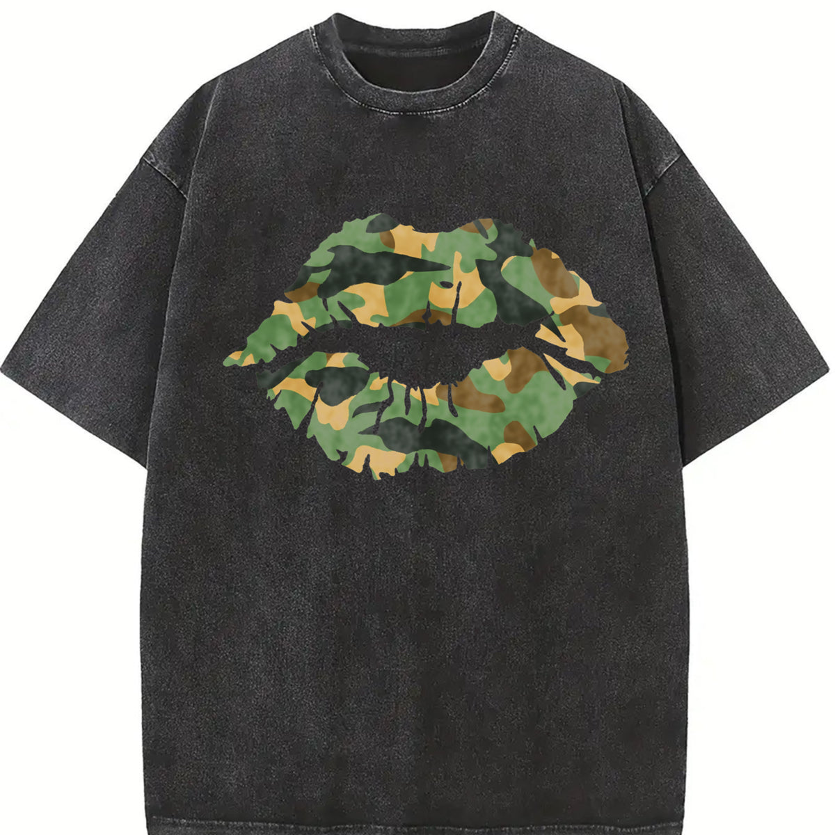 Camo Lip Knit Vintage Washed T-Shirt in Black