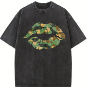 Camo Lip Knit Vintage Washed T-Shirt in Black