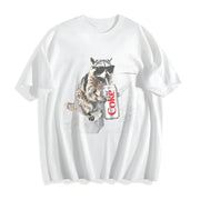 Raccoon Drinking Soda Animal Meme Cotton T-Shirt in White