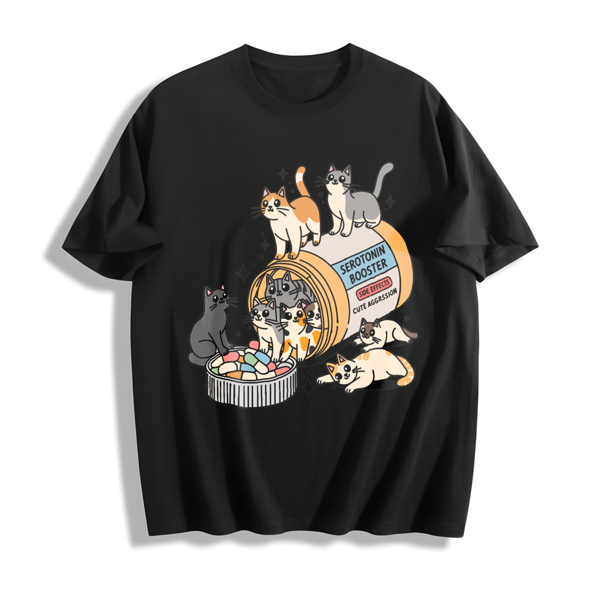 Serotonin Cats Cat Lover Cotton T-Shirt in Black