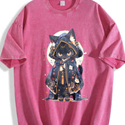 Cute Forest Animal Party Japanese- Black Robe Cat Vintage Washed T-Shirt in Red