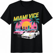 Miami Vice Sunset Cars Cotton T-Shirt in Black