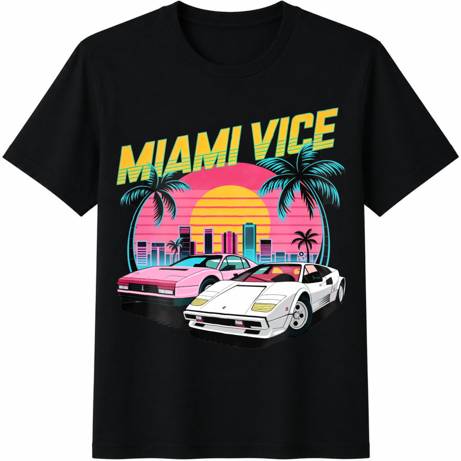 Miami Vice Sunset Cars Cotton T-Shirt in Black