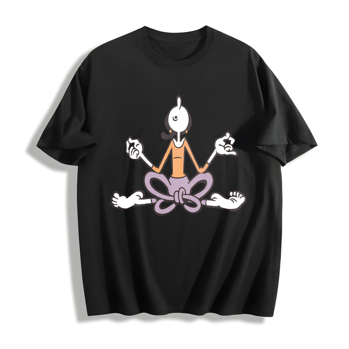 Autumn Cartoon Yoga Meditating Cotton T-Shirt in Black