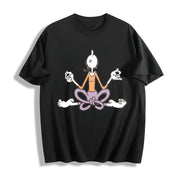 Autumn Cartoon Yoga Meditating Cotton T-Shirt in Black