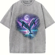 Two Dolfins Moon Ocean Mystical Dolfin Vintage Washed T-Shirt in Gray