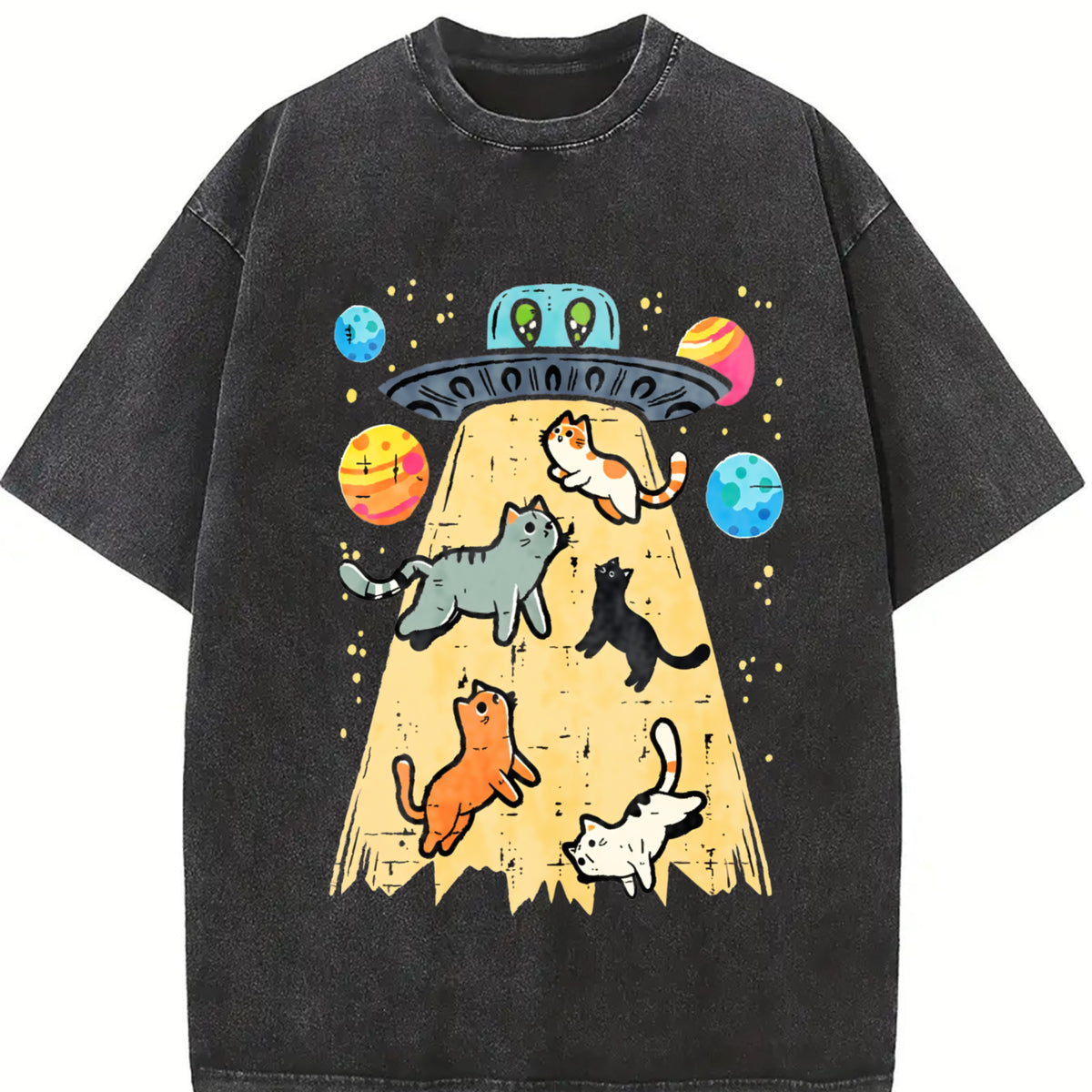 UFO Takeaway Cute Cat Vintage Washed T-Shirt in Black