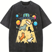 UFO Takeaway Cute Cat Vintage Washed T-Shirt in Black