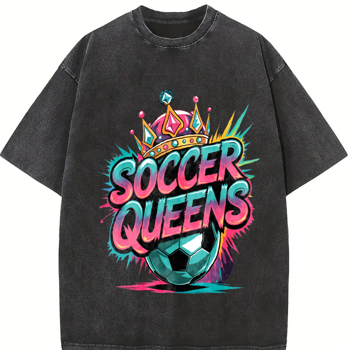 Soccer Queens Vintage Washed T-Shirt in Black