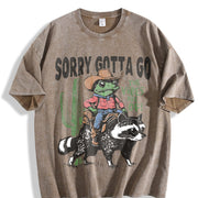 Raccoon Cowboy Frog Retro Vintage Washed T-Shirt in Brown