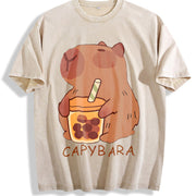 Cute Capybara & Capybara Tea Vintage Washed T-Shirt in Beige