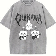 Heavy Metal Chiikawa Usagi Hachiware Hip Hop Festive vintage washed oversized T-shirt in Gray