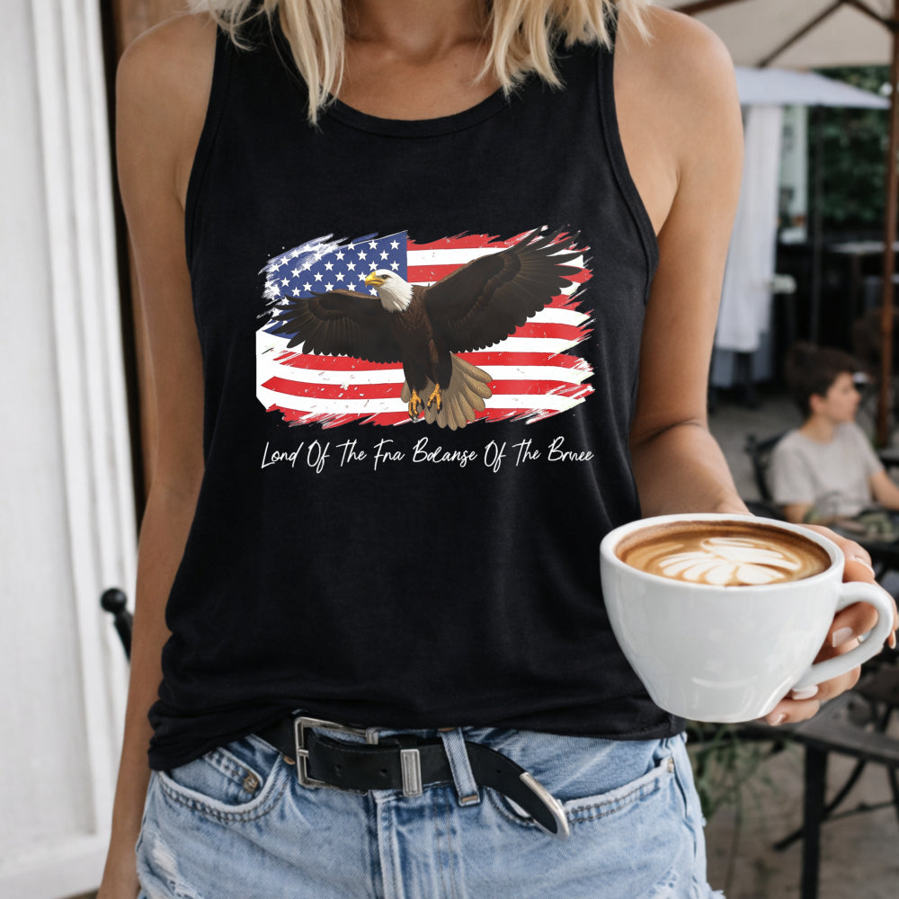 Land of the Free Because of the Brave Patriotic Eagle Women's Color Cotton Tank Top in Black