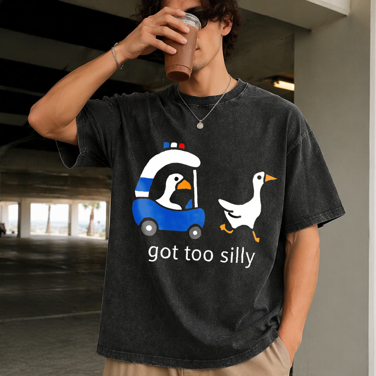 Got Too Silly Goose Cute for Ducks Car Vintage Washed T-Shirt in Black
