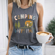 Camping Is My Happy Place Women's Color Cotton Tank Top in Gray