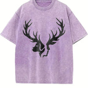 Effortless Chic Urban Explorer Statement: Two Deer Heads Vintage Washed T-Shirt in Purple