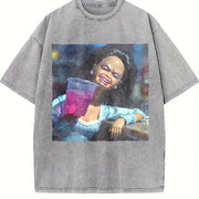 Laughing Glam Doll with a Drink Vintage Washed T-Shirt in Gray
