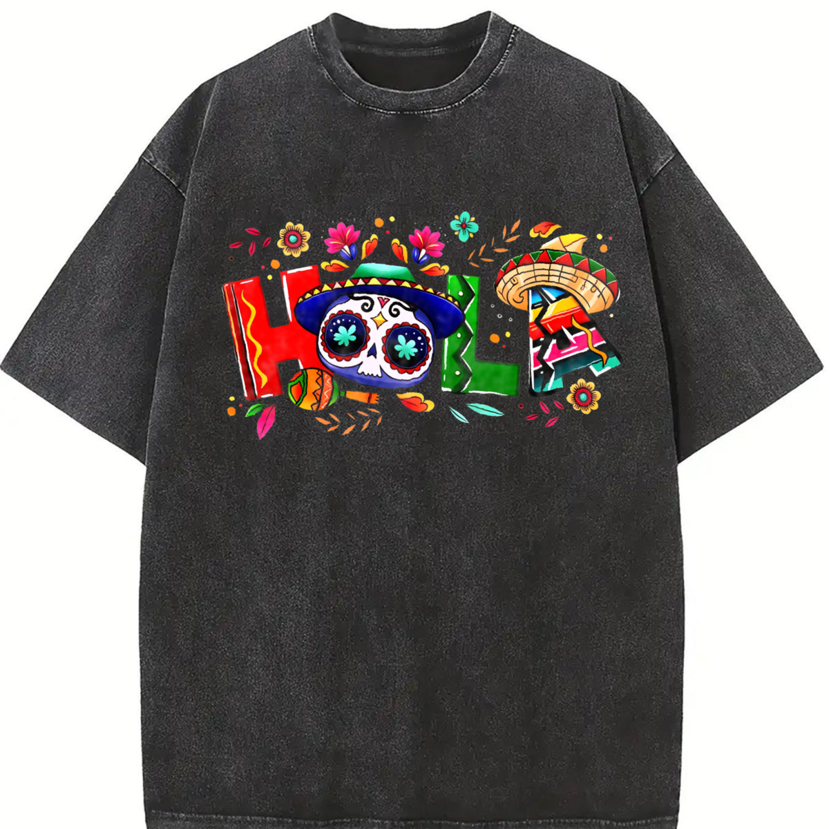 Holiday Letter Wide Brim Hat Cinco De Mayo Carnival HOLA Vintage Washed T-Shirt in Black