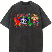 Holiday Letter Wide Brim Hat Cinco De Mayo Carnival HOLA Vintage Washed T-Shirt in Black