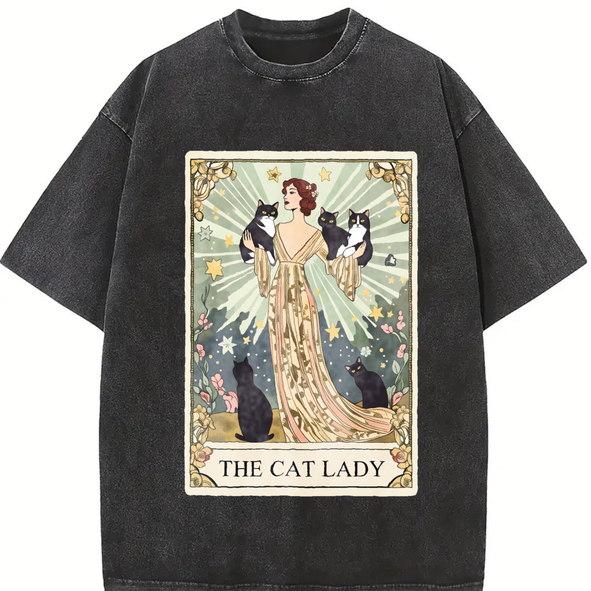 Cat Tarot Card Cat Lover Vintage Washed T-Shirt in Black