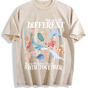 We Are All Different Swim Together Inclusive Ocean Animals vintage washed oversized T-shirt in Beige
