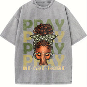 Pray on It Pray Over It Black Woman Afro Christian Sayings Vintage Washed T-Shirt in Gray