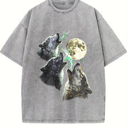 Wolves Howling to Moon 90s Vintage Washed T-Shirt in Gray