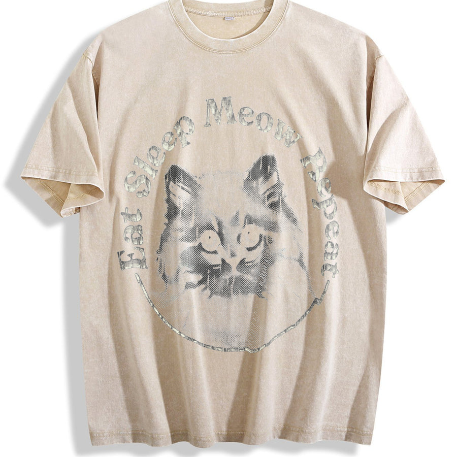 Eat Sleep Meow Repeat Cute Kitten Lovers for Ladies Cute Vintage Washed T-Shirt in Beige
