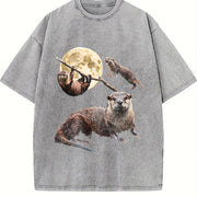 Otter Moon Retro River Otters Wildlife Vintage Washed T-Shirt in Gray