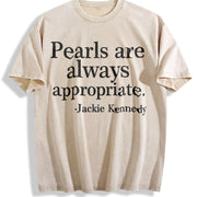Letter Pearl Embroidery Vintage Washed T-Shirt in Beige