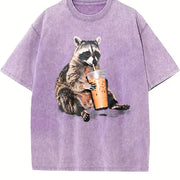 Raccoon Drinking Iced Coffee 90s Vintage Washed T-Shirt in Purple
