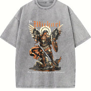 230GSM Batik - Double-Sided Christian Faith with Michael vintage washed oversized T-shirt in Gray